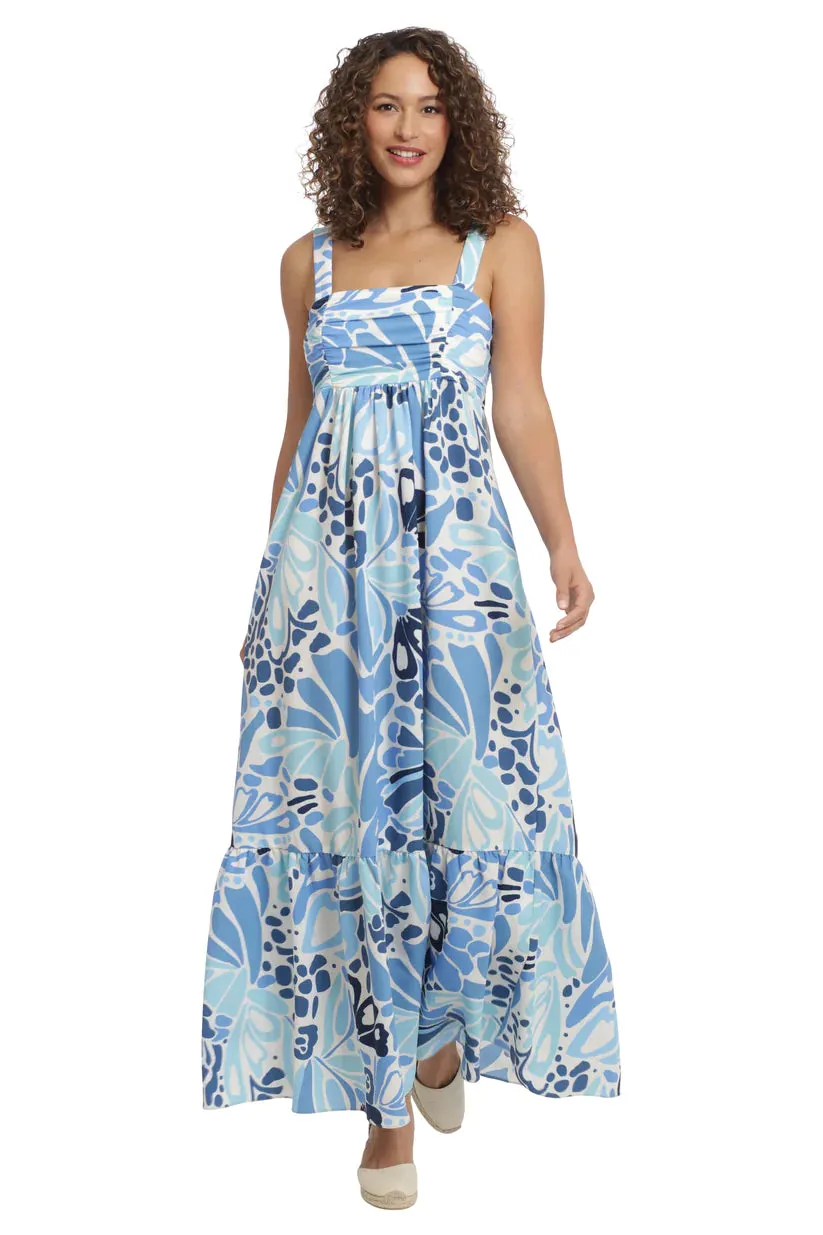 Shirred Bodice Tiered Maxi Dress | Blue