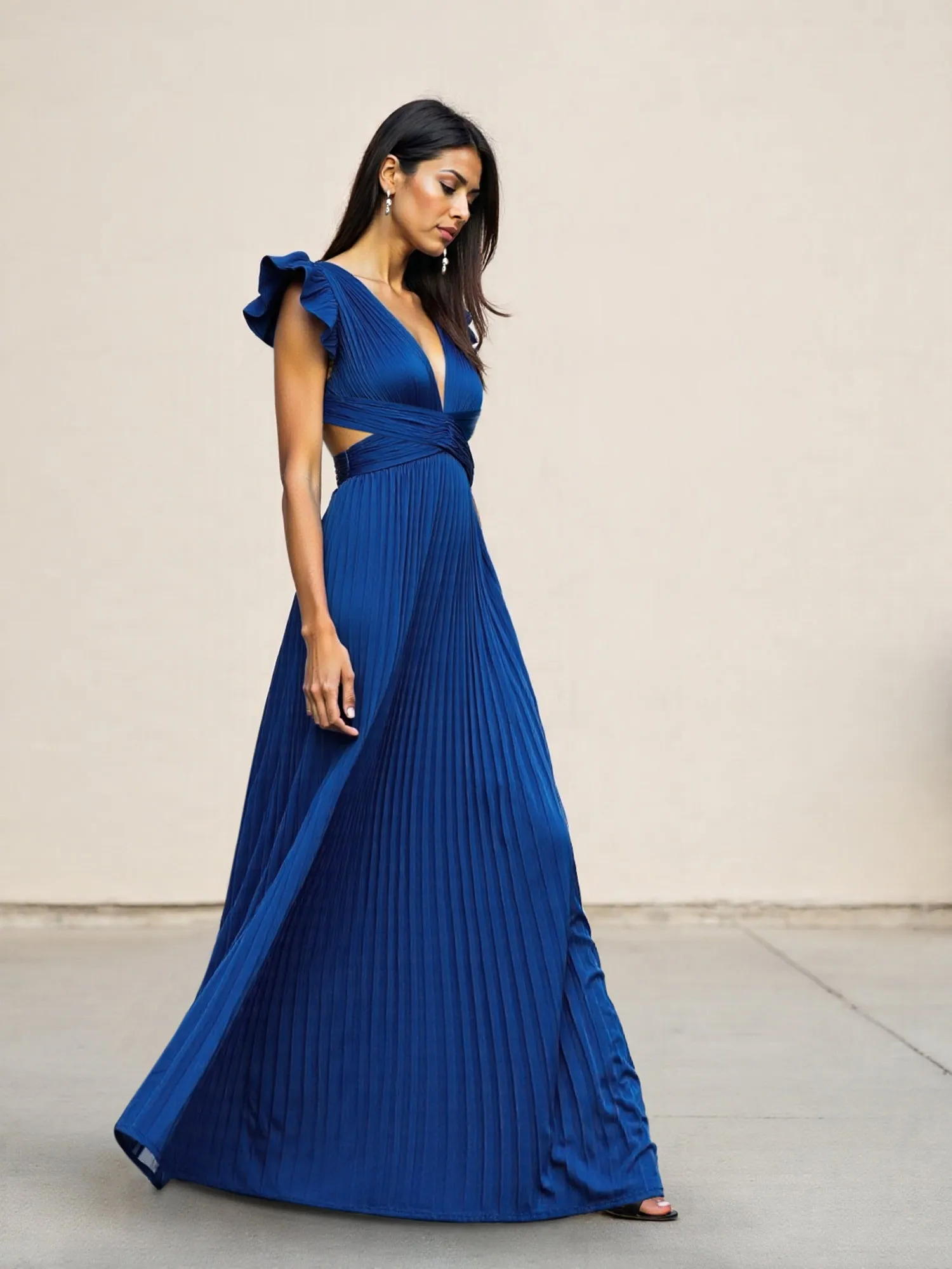 Short Sleeve Pleated Lace-Up Satin Maxi Dress