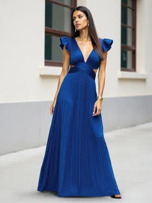 Short Sleeve Pleated Lace-Up Satin Maxi Dress