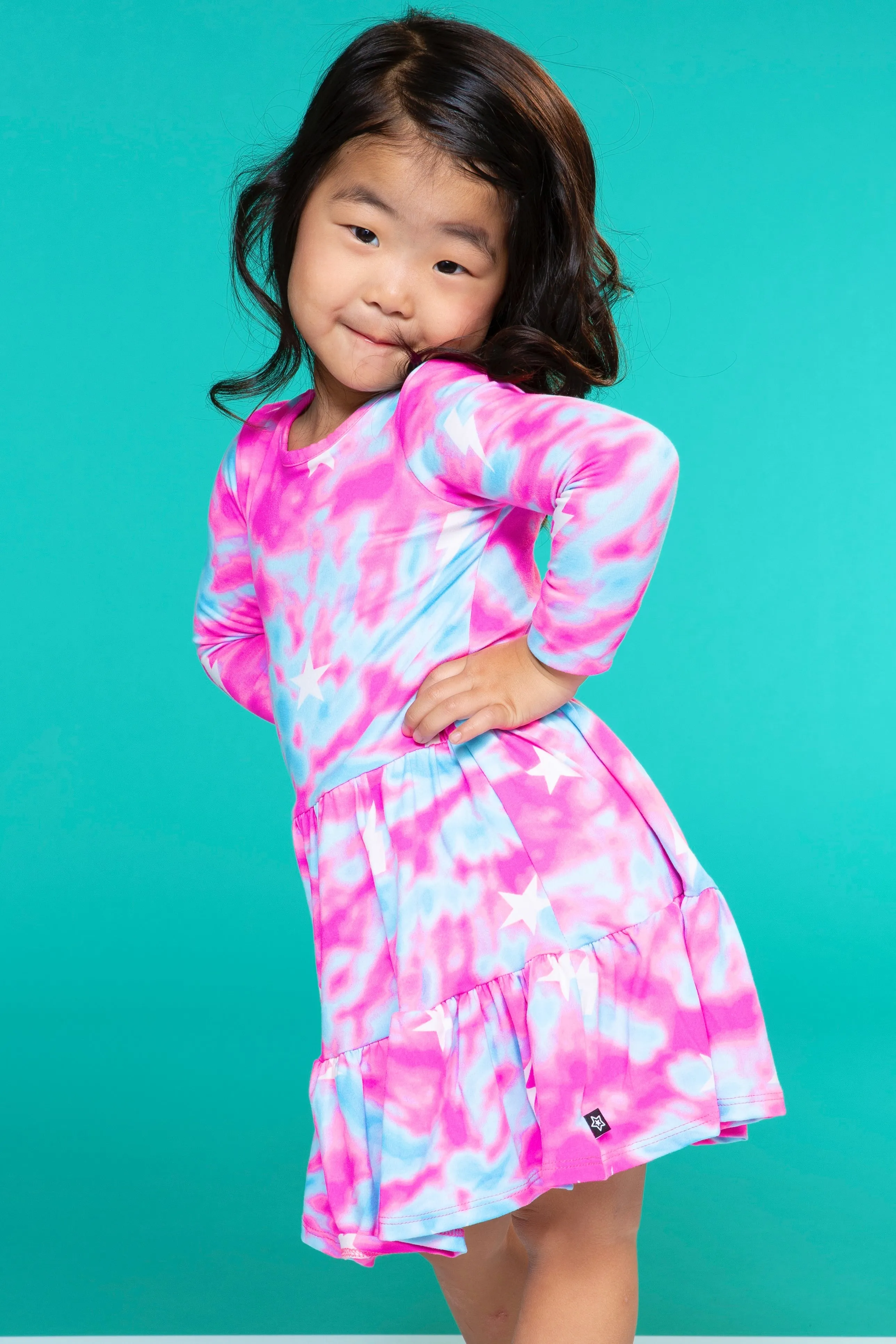 Simply Soft Long Sleeve Tiered Dress - Pink Aqua Star Bolts