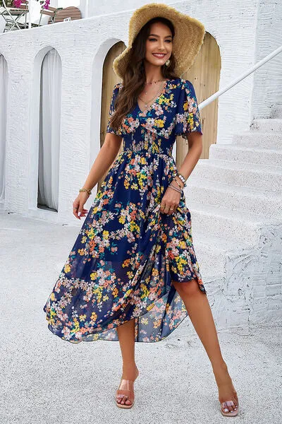 Smocked Floral V-Neck Short Sleeve Dress