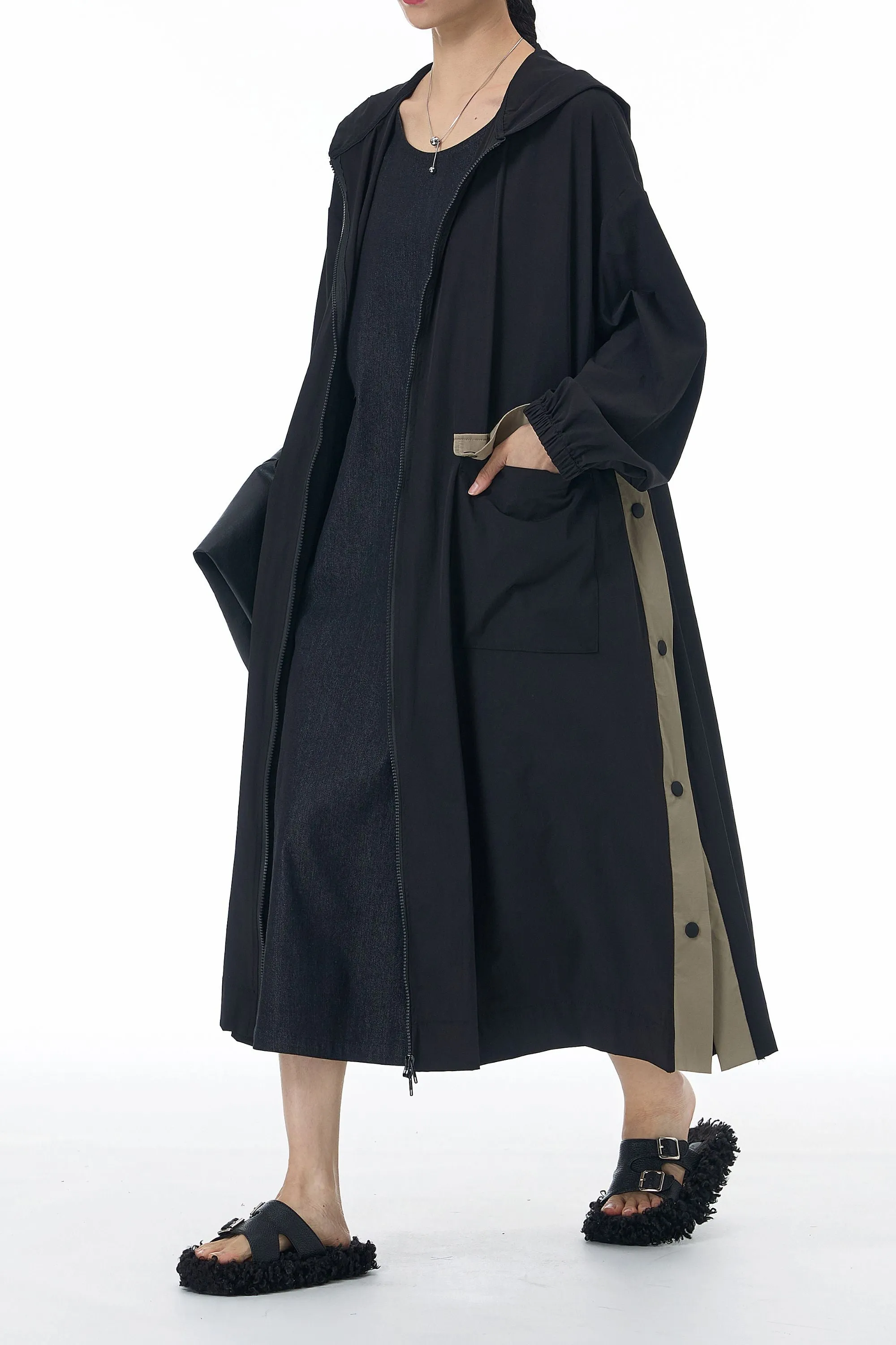 SnapHood Black Zippered Trench Coat