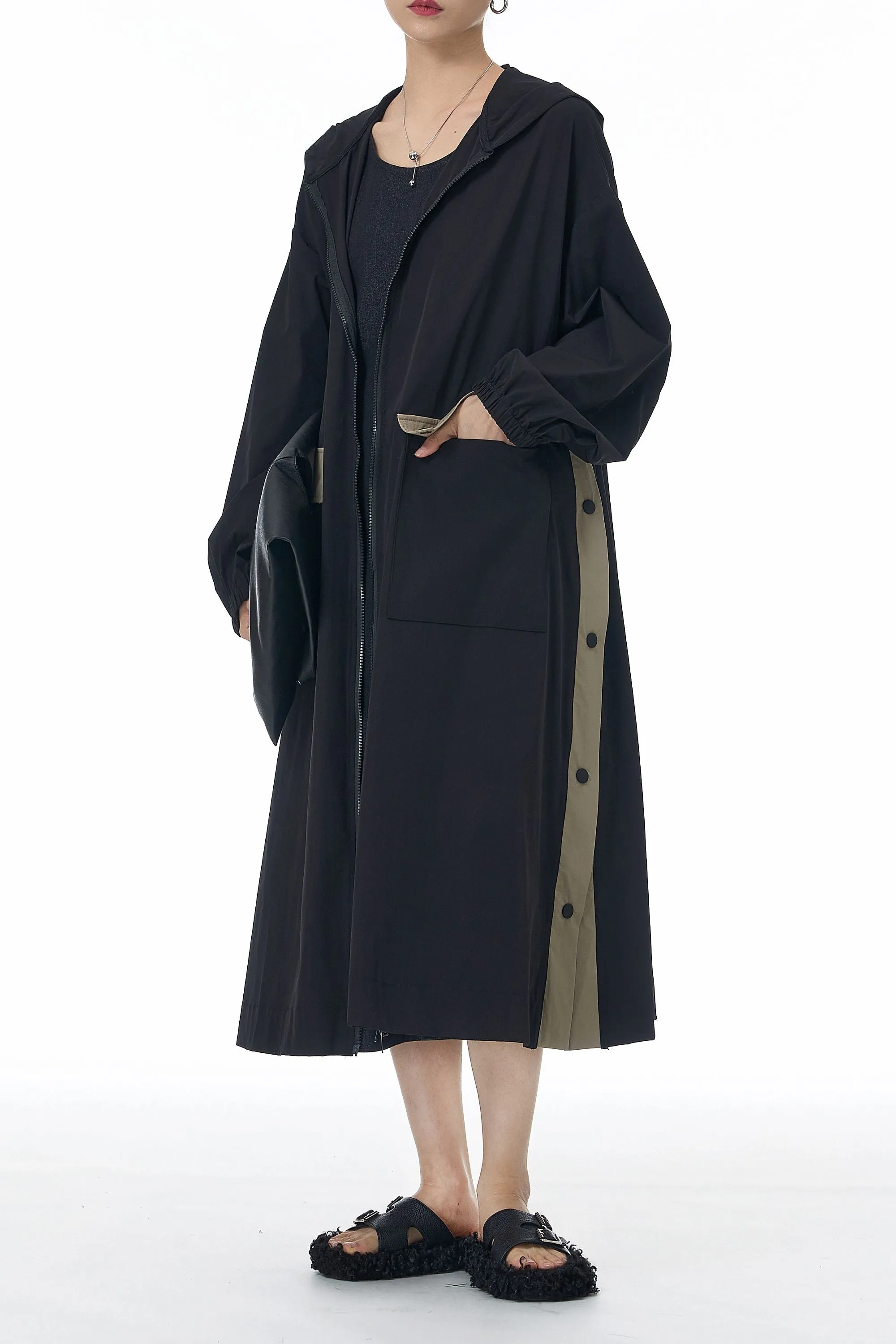 SnapHood Black Zippered Trench Coat