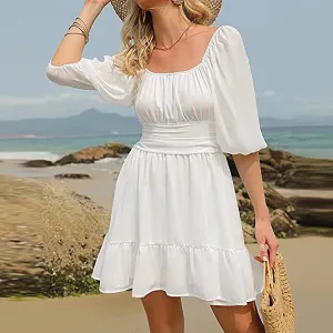 Square Collar Lantern Knot Front Pleated Ruffle Hem Tie Mini Casual Summer Dress