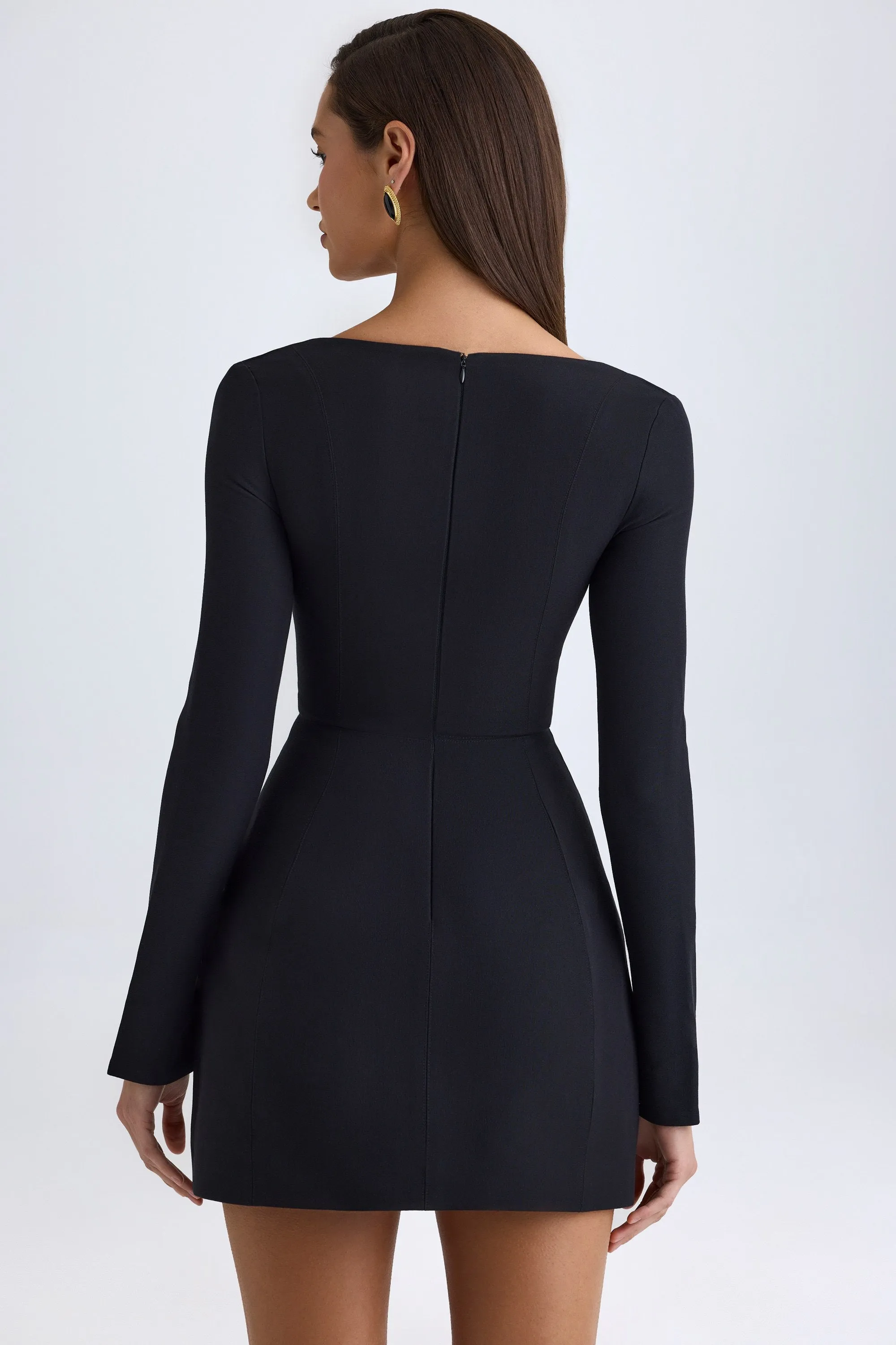 Square-Neck Structured Tulip Mini Dress in Black