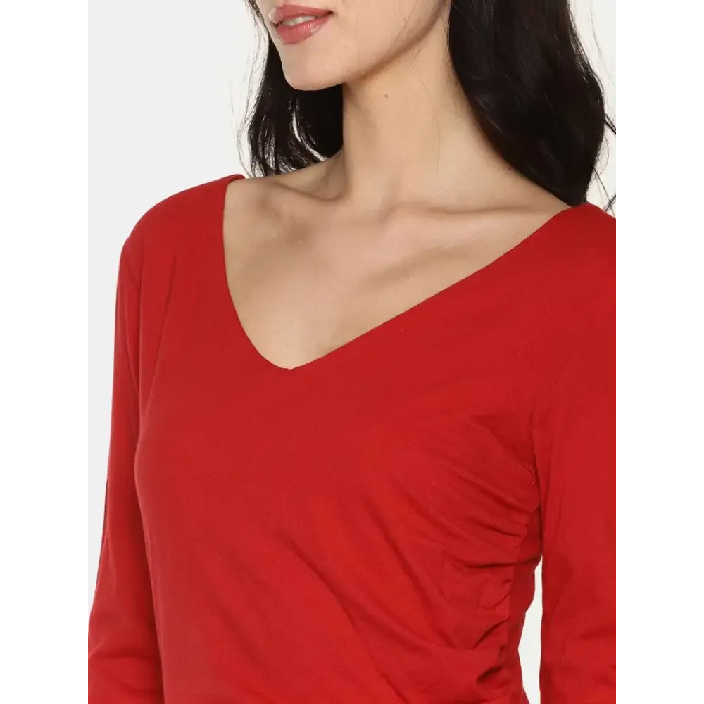 Stylish Cotton Red Solid V Neck Asymmetric Hemline Dress For Women