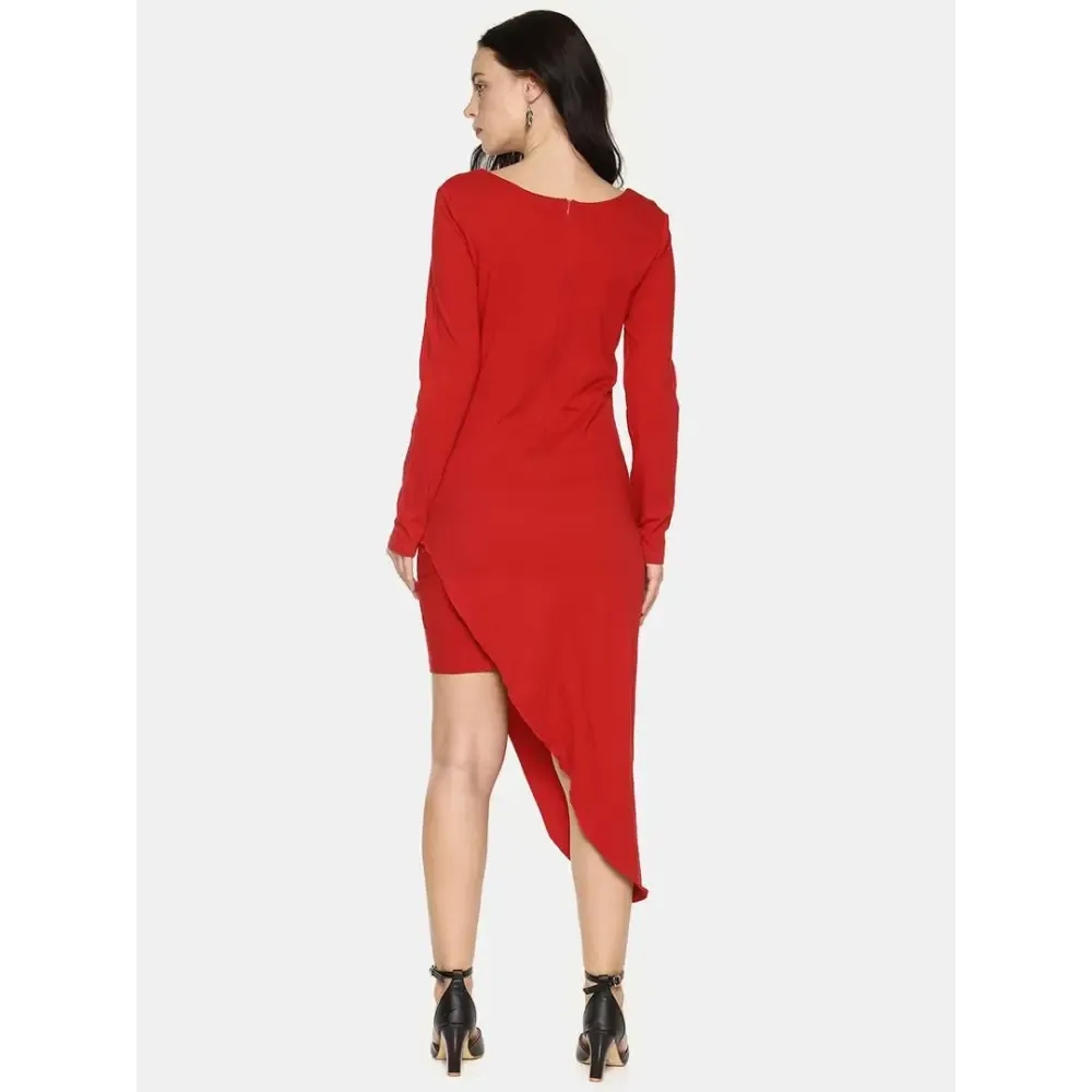 Stylish Cotton Red Solid V Neck Asymmetric Hemline Dress For Women