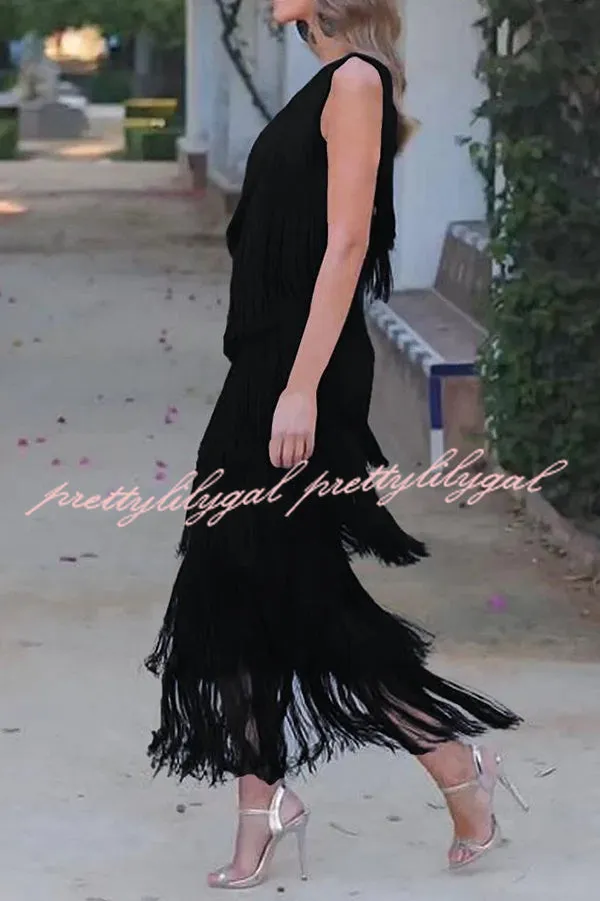 Stylish Fringed One Shoulder Asymmetric Midi Dress