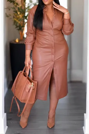 Stylish Long Sleeve Leather Shirt Dress