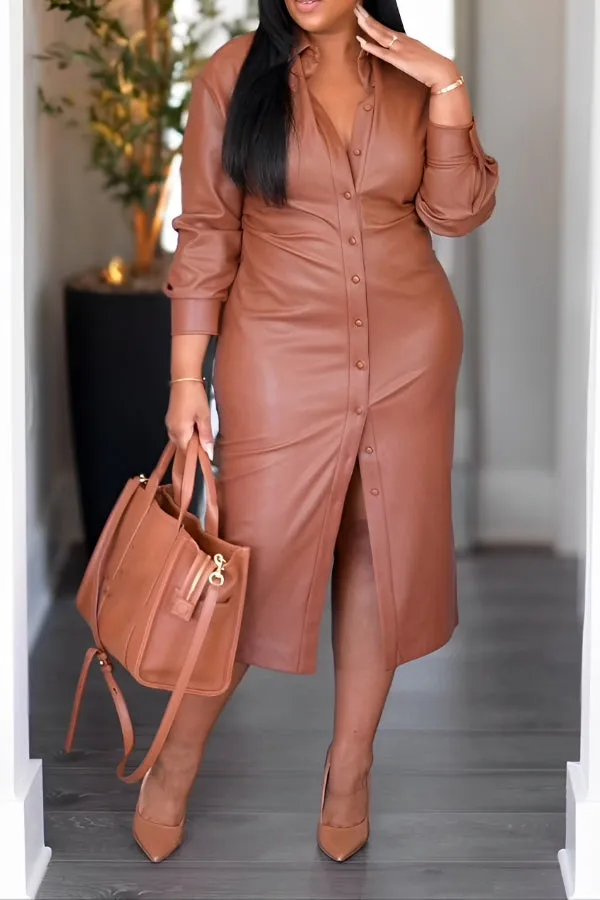 Stylish Long Sleeve Leather Shirt Dress