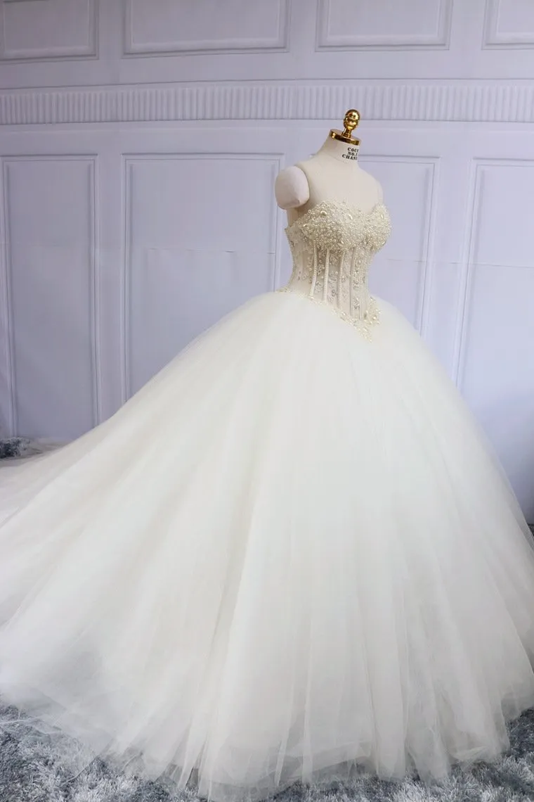 Sweetheart Bridal Dresses With Pearls Ball Gown Tulle White Corset Back Court Train