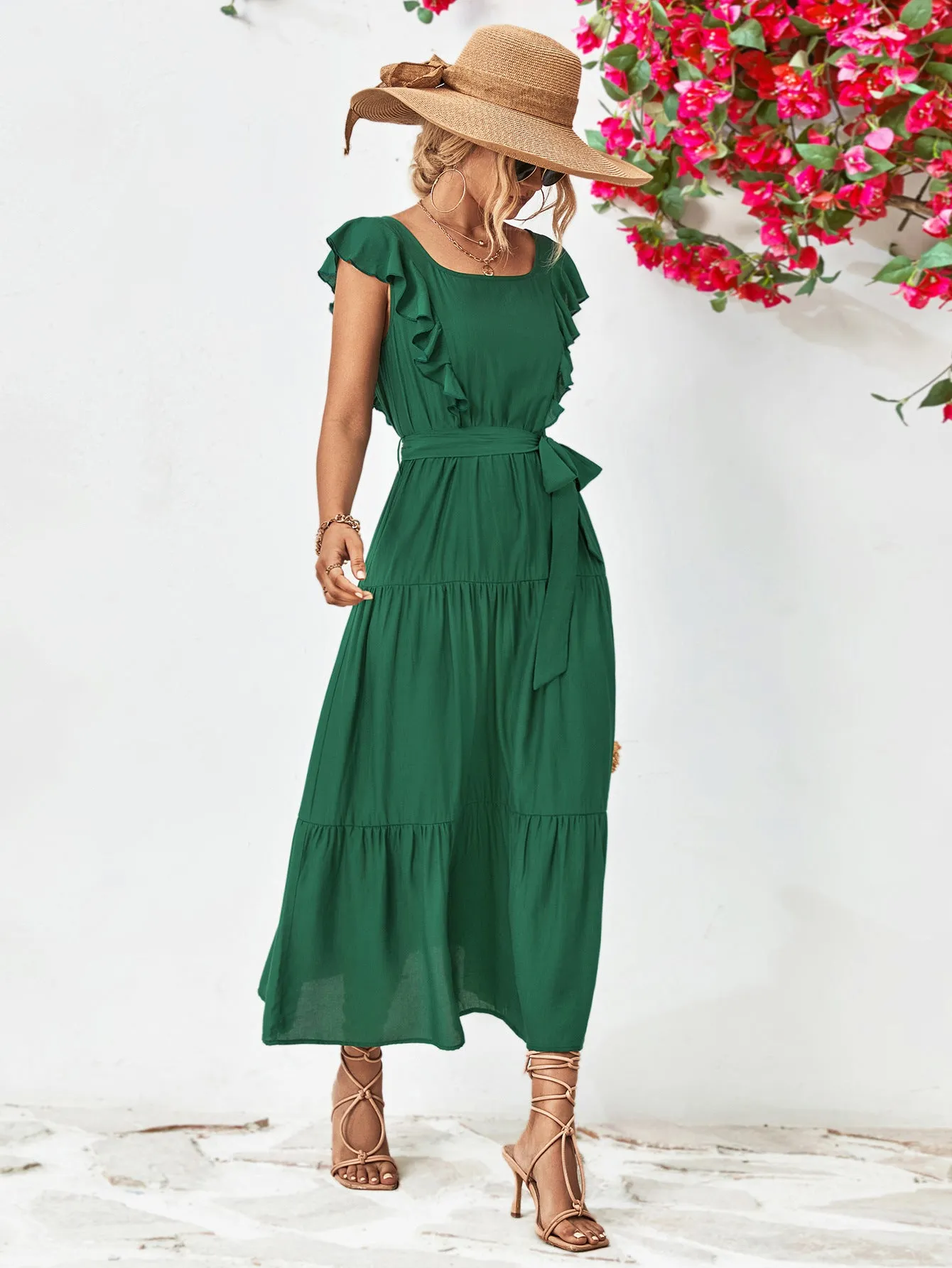 Tie Belt Ruffled Tiered Dress