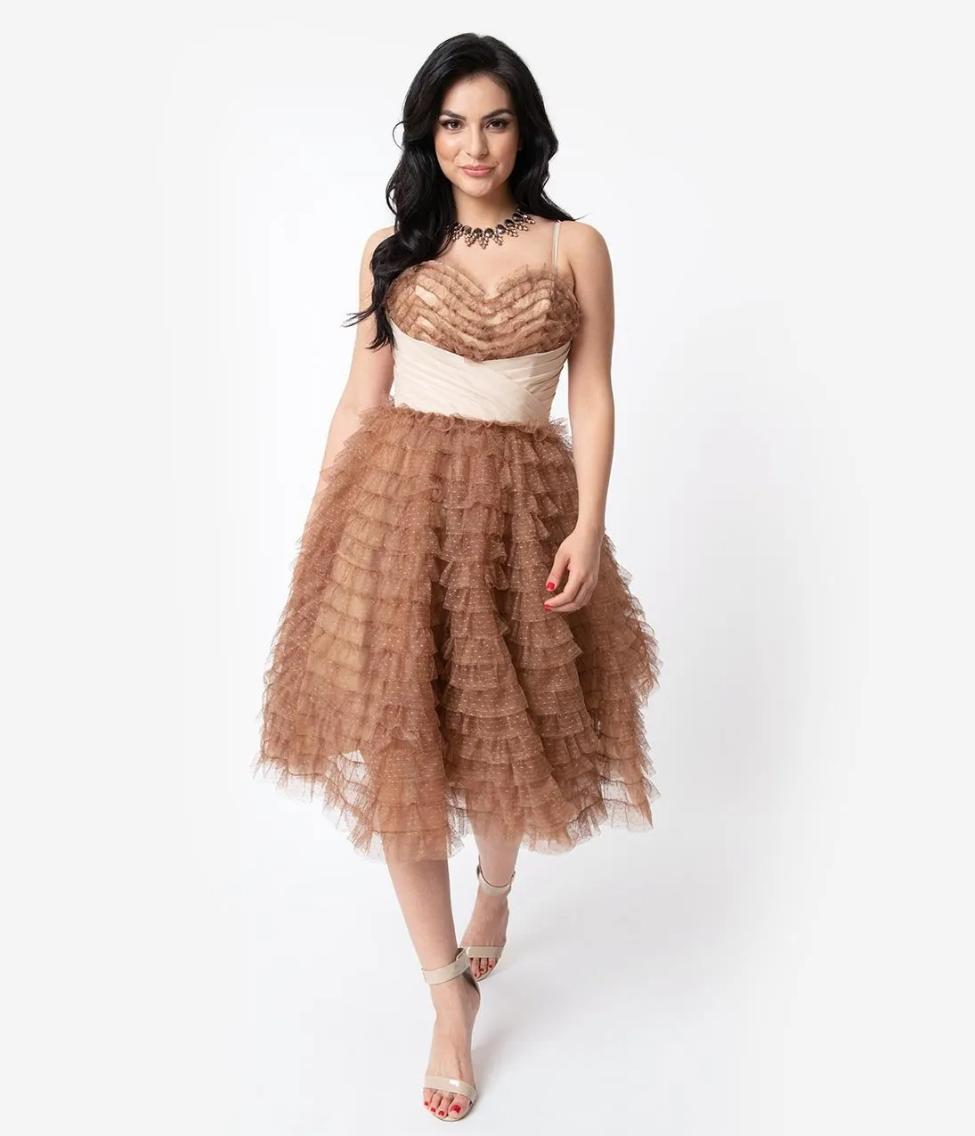 Unique Vintage 1950s Mocha Ruffled Tulle Sweetheart Cupcake Swing Dress