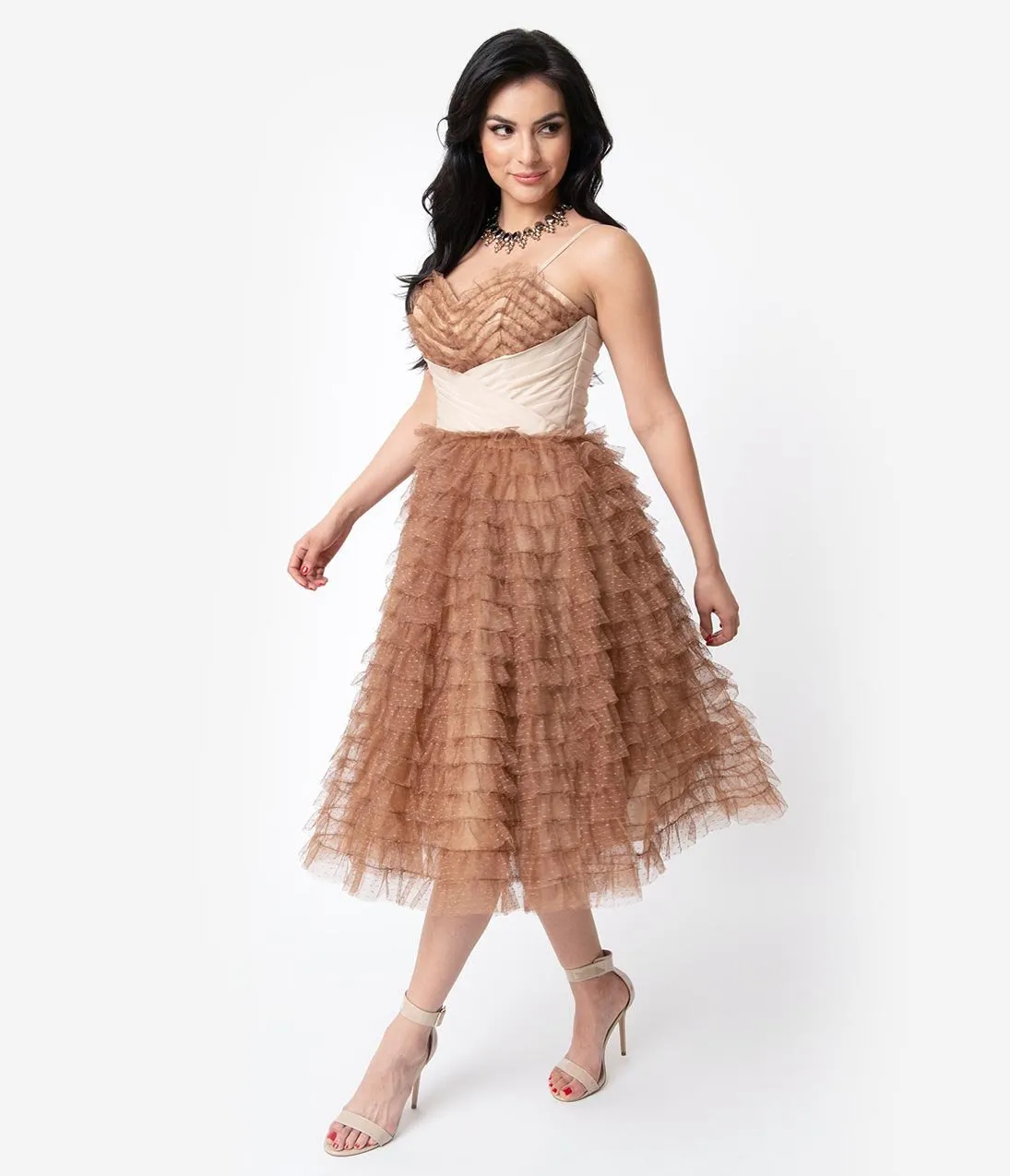 Unique Vintage 1950s Mocha Ruffled Tulle Sweetheart Cupcake Swing Dress