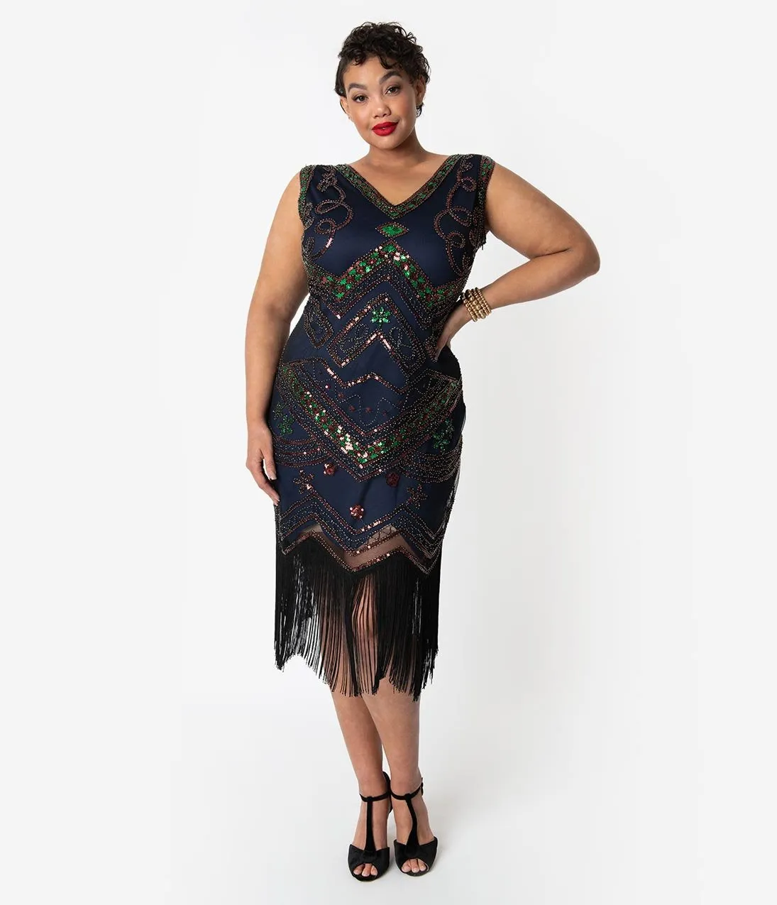 Unique Vintage Plus Size 1920s Navy Beaded & Black Fringe Fernande Flapper Dress