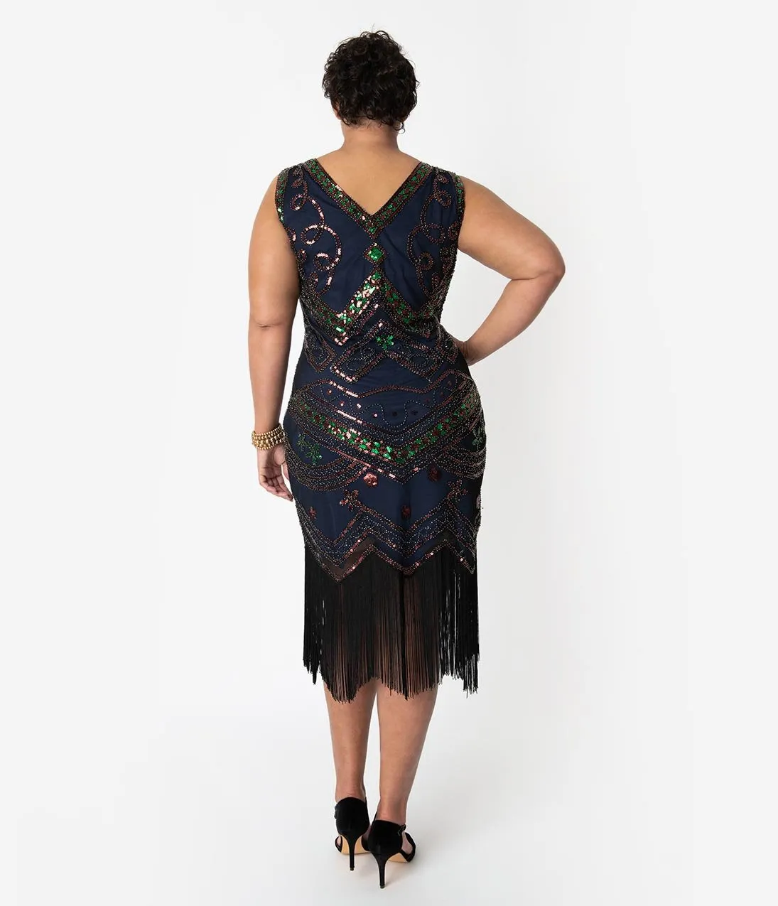 Unique Vintage Plus Size 1920s Navy Beaded & Black Fringe Fernande Flapper Dress