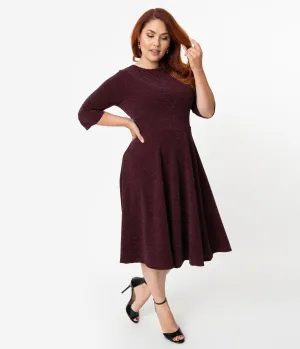 Unique Vintage Plus Size 1950s Style Burgundy Sparkle Nicole Swing Dress