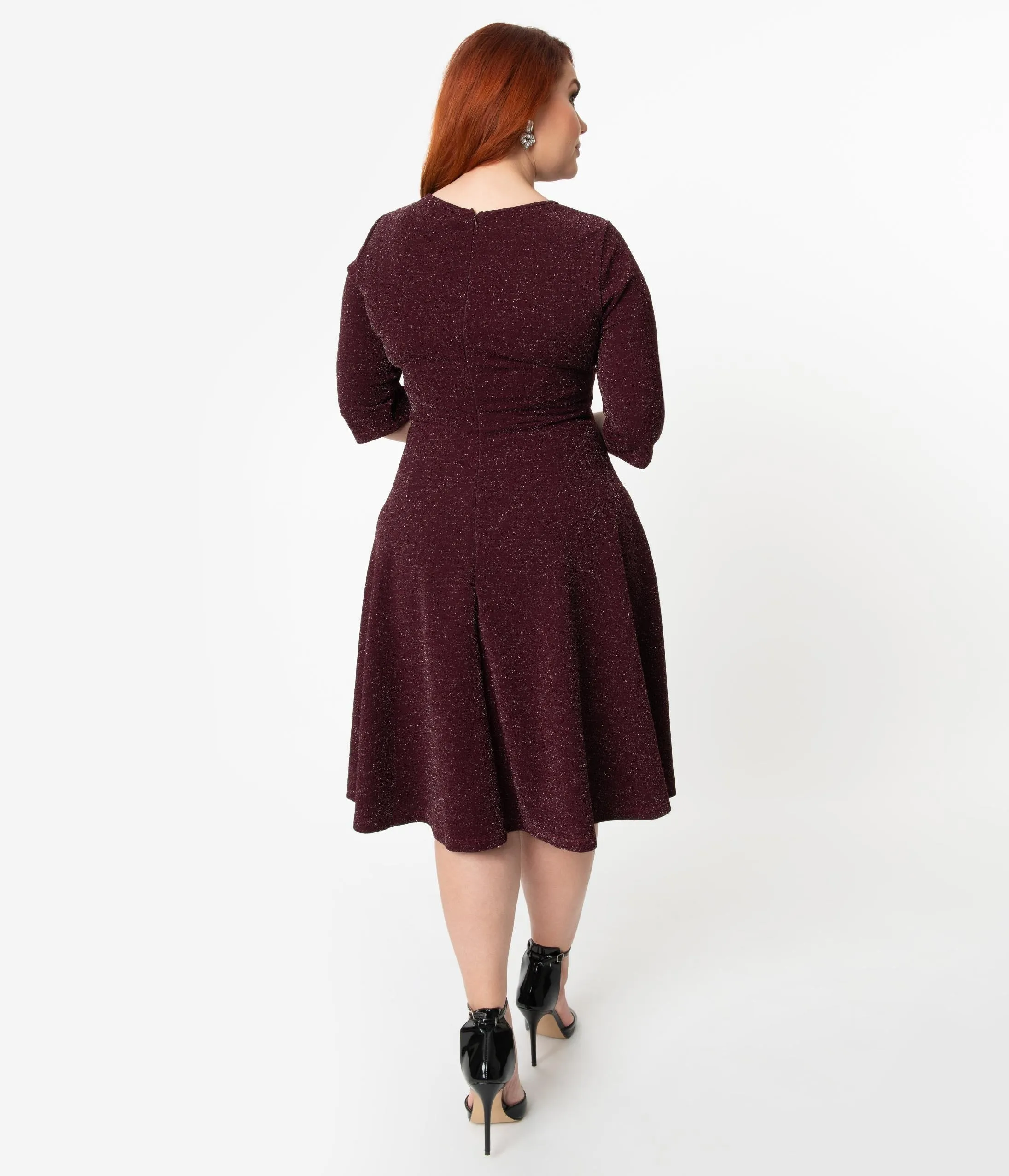 Unique Vintage Plus Size 1950s Style Burgundy Sparkle Nicole Swing Dress