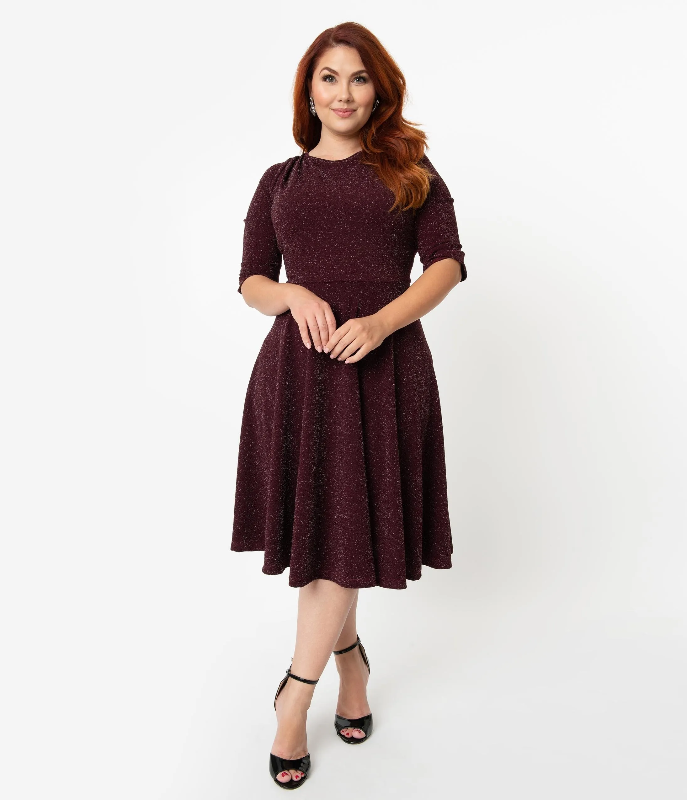 Unique Vintage Plus Size 1950s Style Burgundy Sparkle Nicole Swing Dress