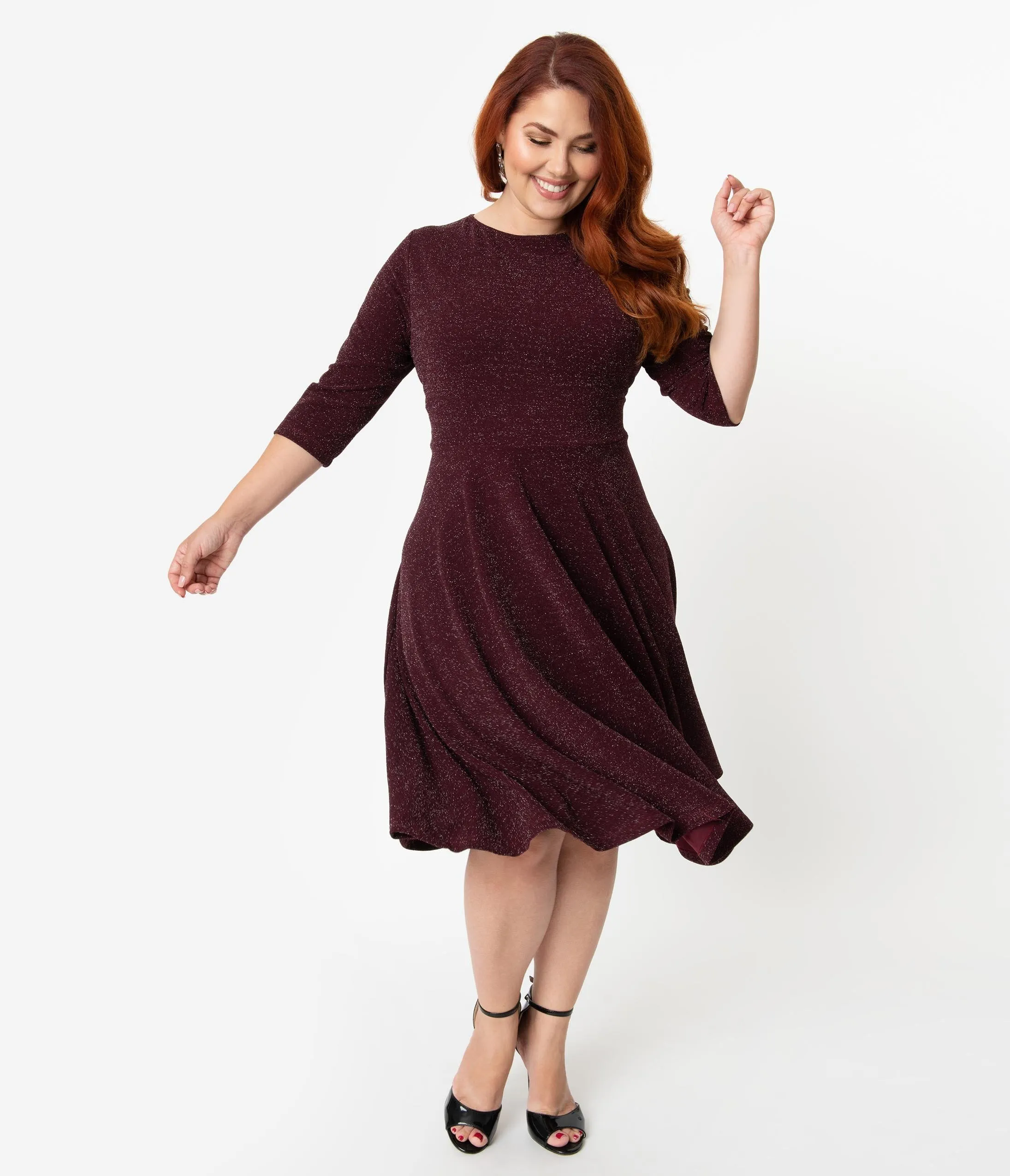 Unique Vintage Plus Size 1950s Style Burgundy Sparkle Nicole Swing Dress