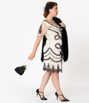 Unique Vintage Plus Size Ivory & Black Beaded Vivianne Flapper Cocktail Dress