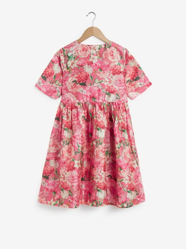 Utsa Kids Pink Floral Fit-And-Flare Dress