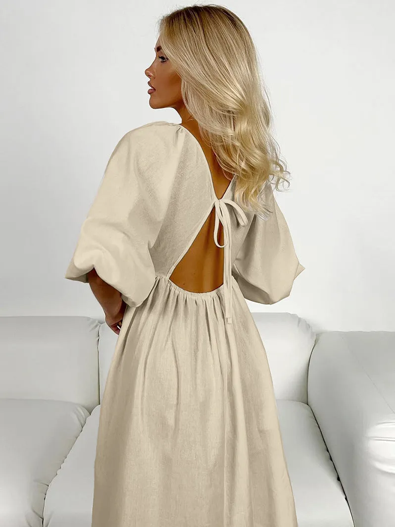 V-neck Half-sleeve Hollow Pullover Long Dress