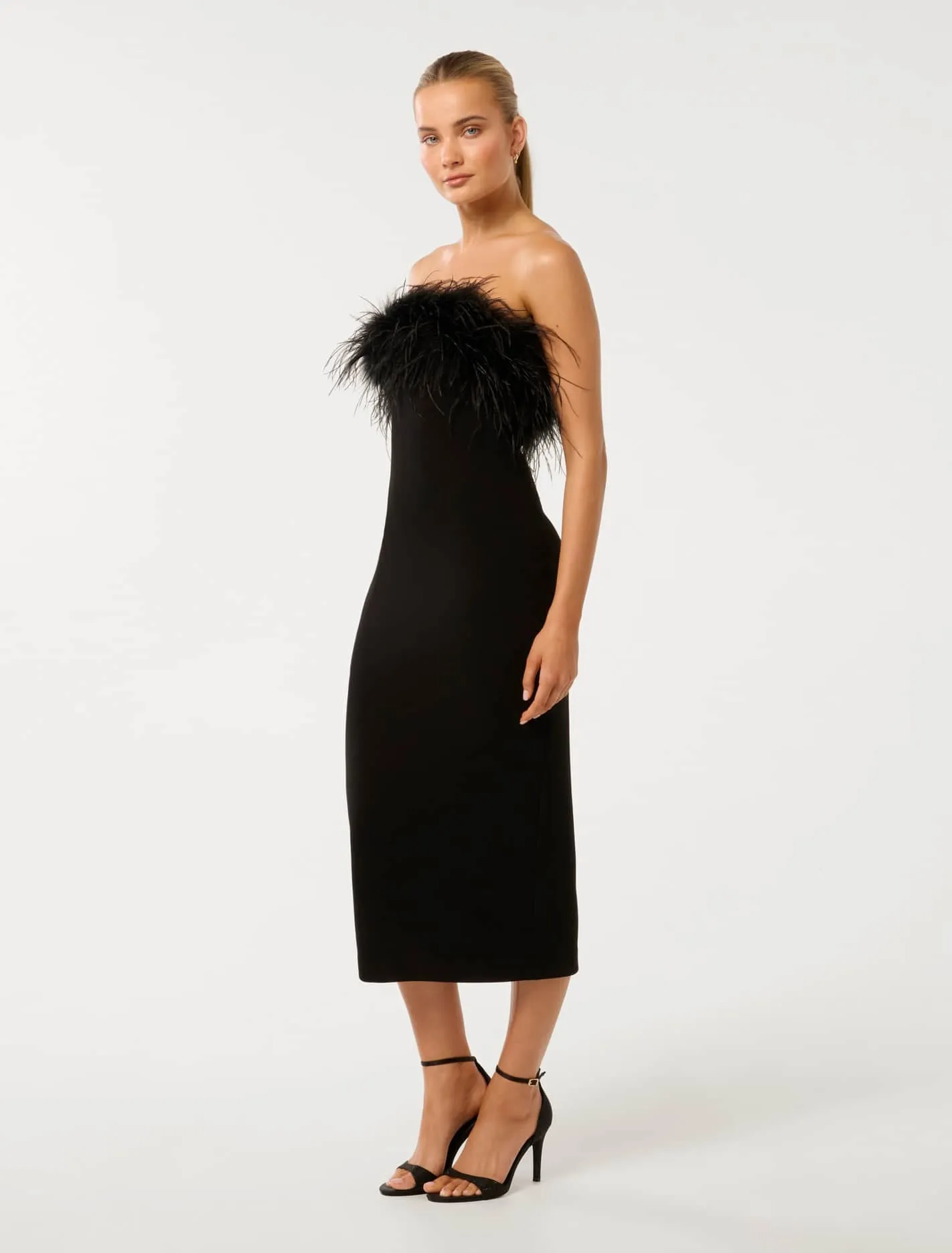 Vianna Feather Strapless Midi Dress