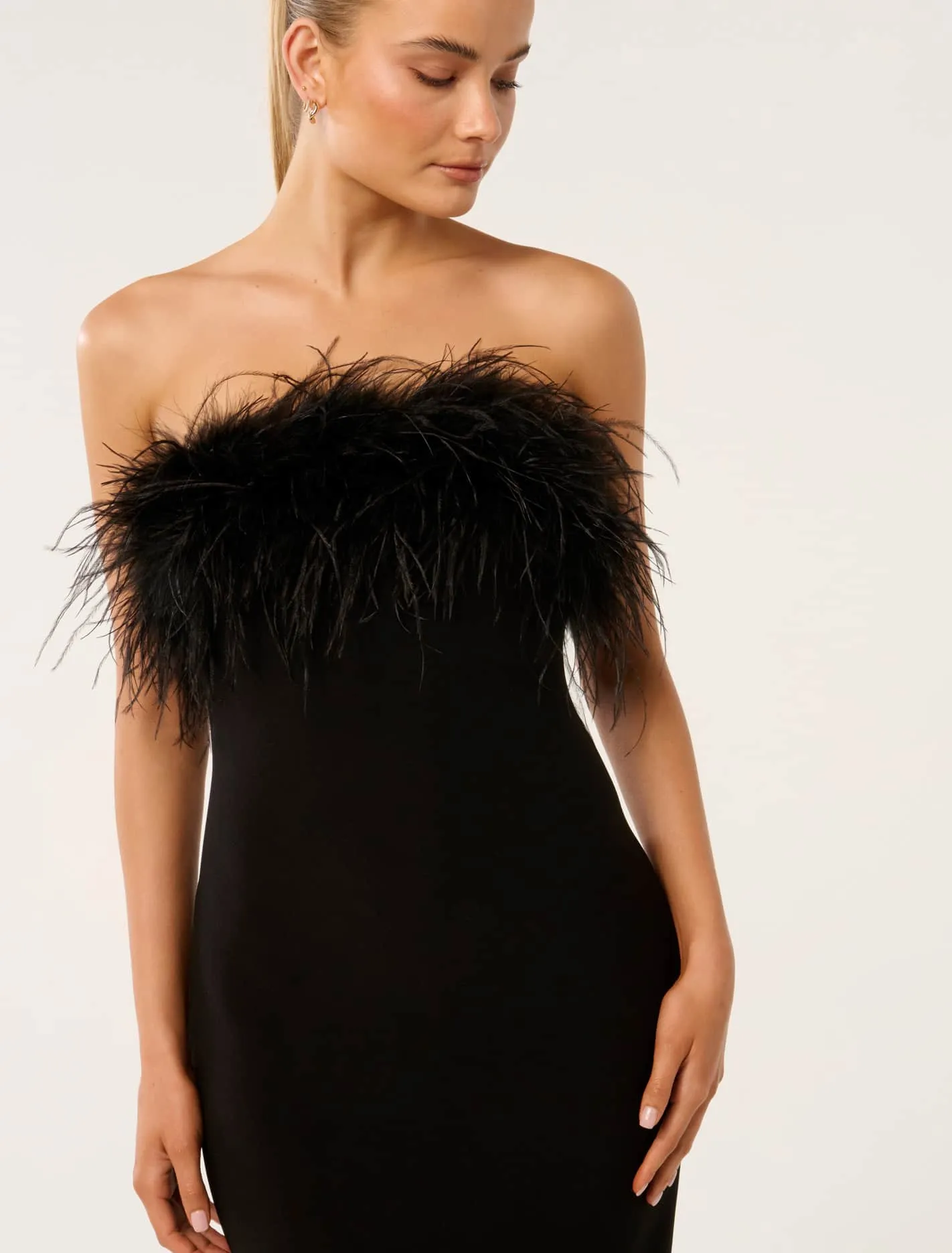 Vianna Feather Strapless Midi Dress