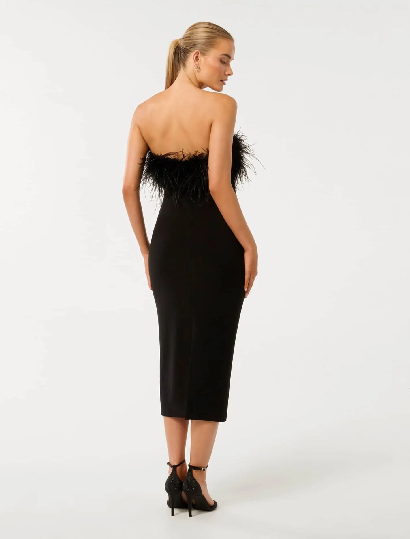 Vianna Feather Strapless Midi Dress