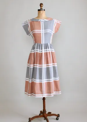 Vintage 1950s Neutral Windowpane Plaid Cotton Dress