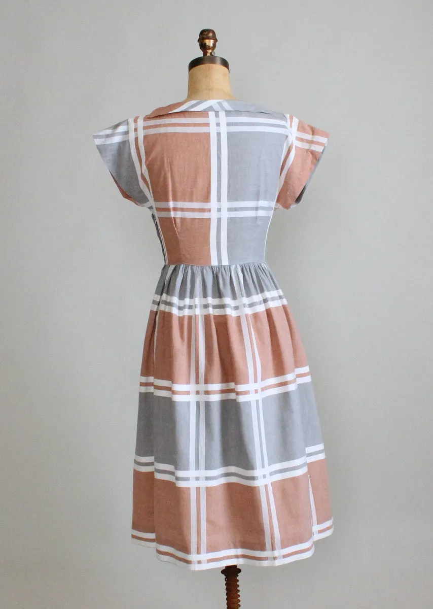 Vintage 1950s Neutral Windowpane Plaid Cotton Dress