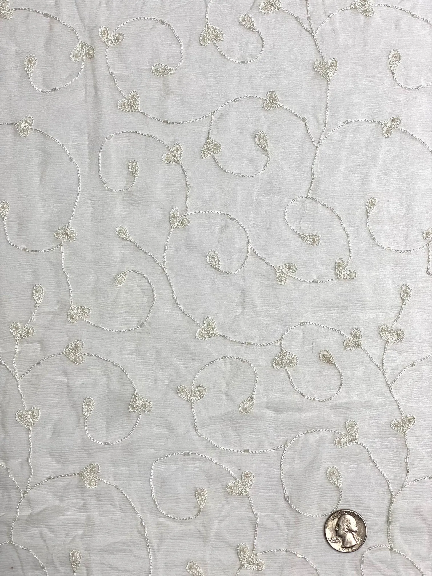 White Sequin & Beads on Silk Chiffon JEC-164-13 Fabric