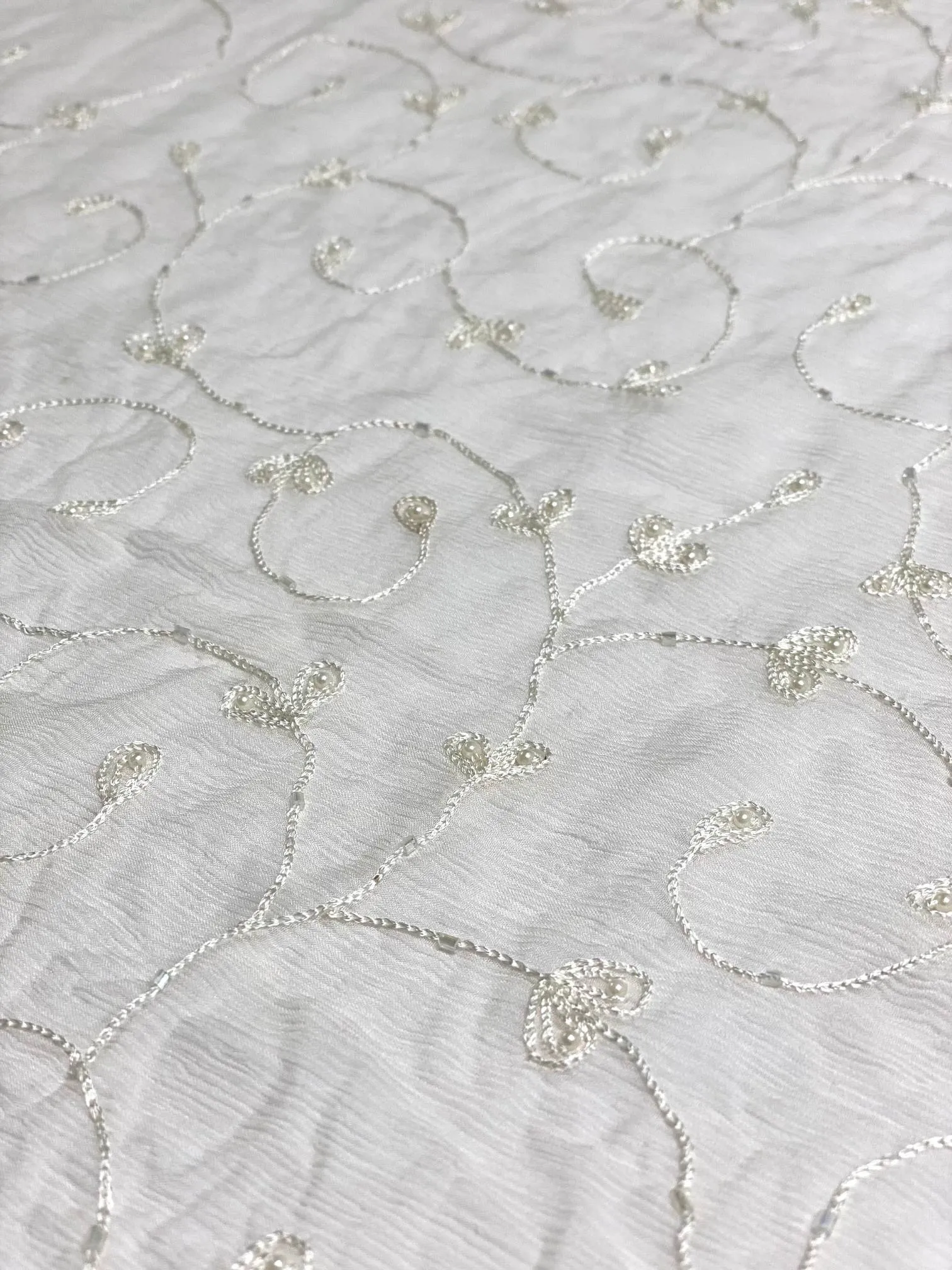 White Sequin & Beads on Silk Chiffon JEC-164-13 Fabric