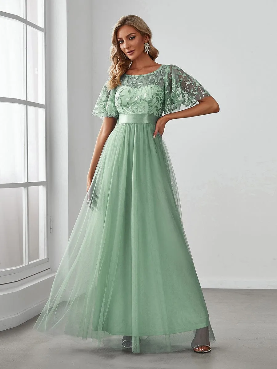 Women's A-Line Sequin Leaf Maxi Prom Dress with Sleeves