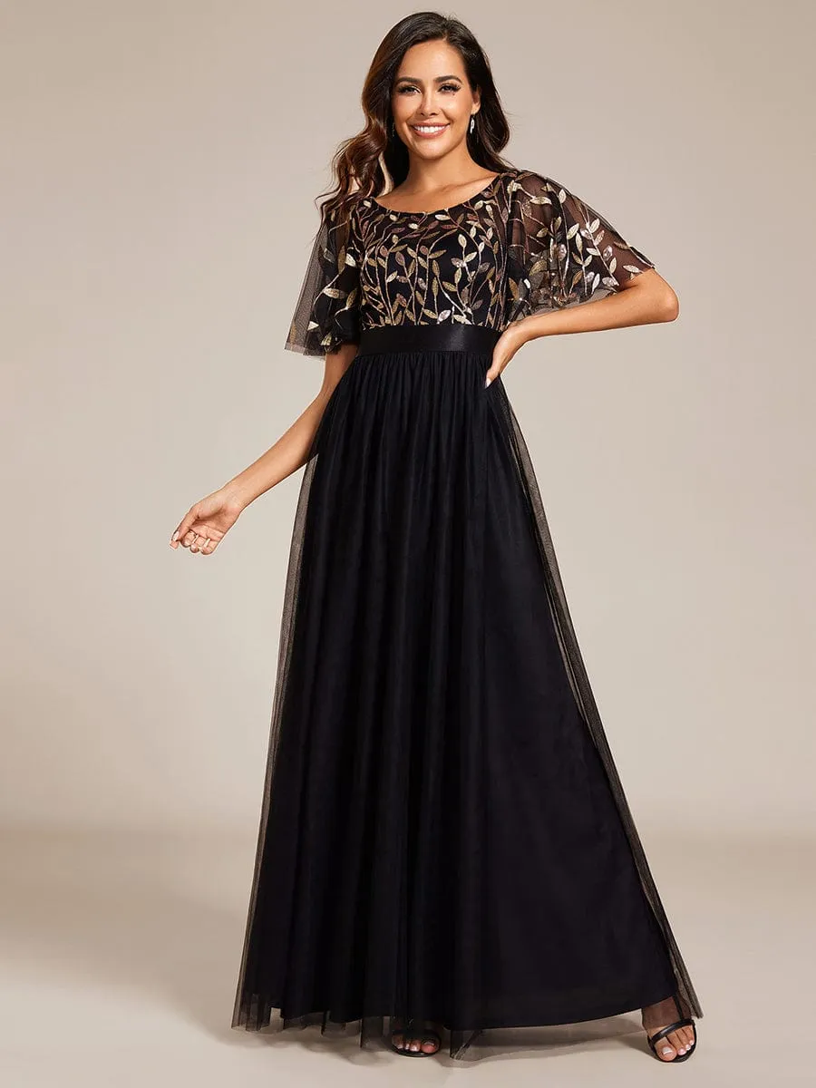 Women's A-Line Sequin Leaf Maxi Prom Dress with Sleeves