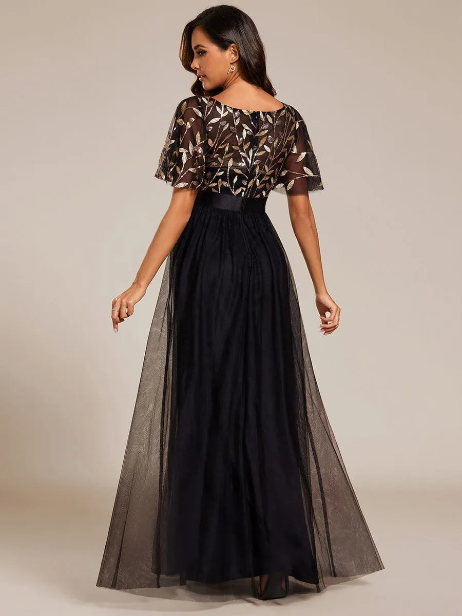 Women's A-Line Sequin Leaf Maxi Prom Dress with Sleeves