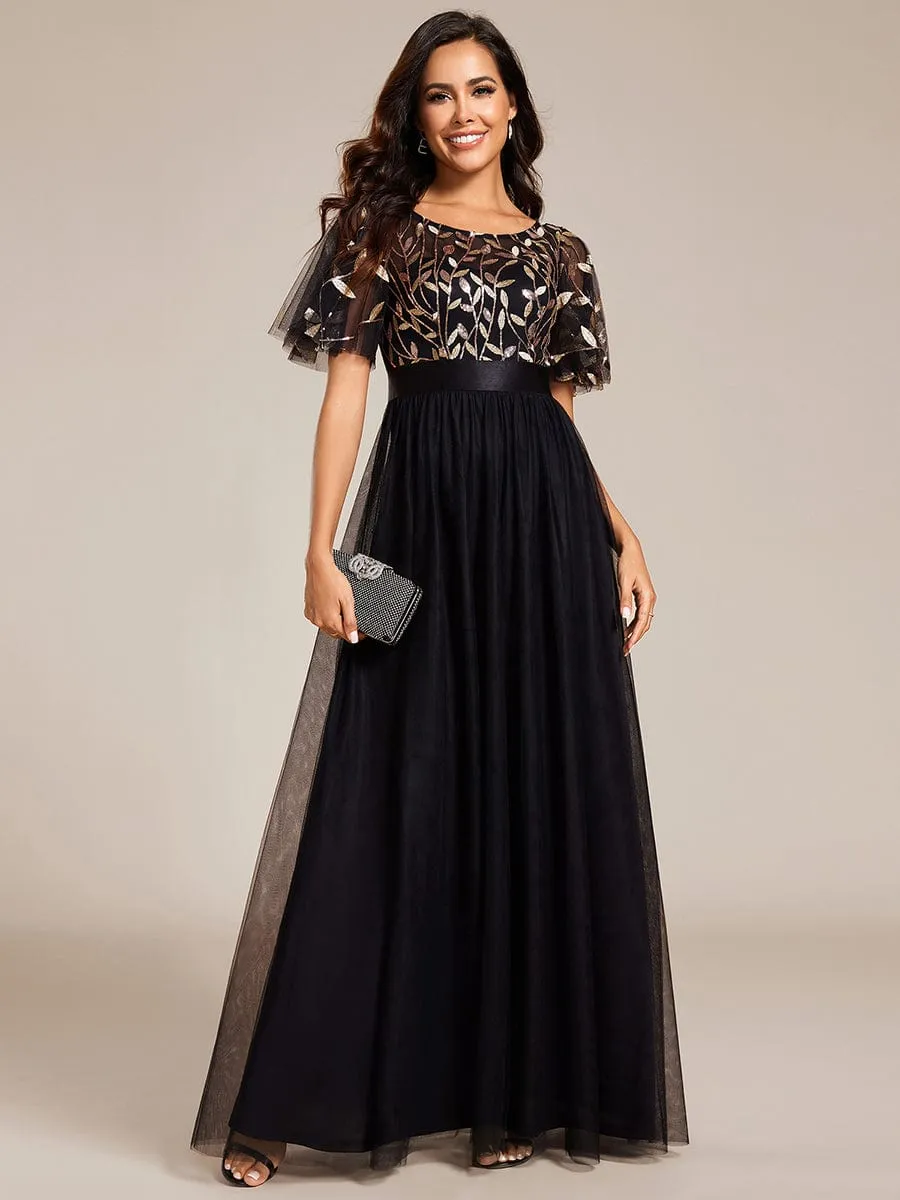 Women's A-Line Sequin Leaf Maxi Prom Dress with Sleeves