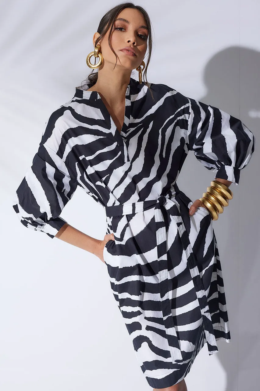 Zebra Cotton Poplin Balloon Sleeve Belted Shirtdress