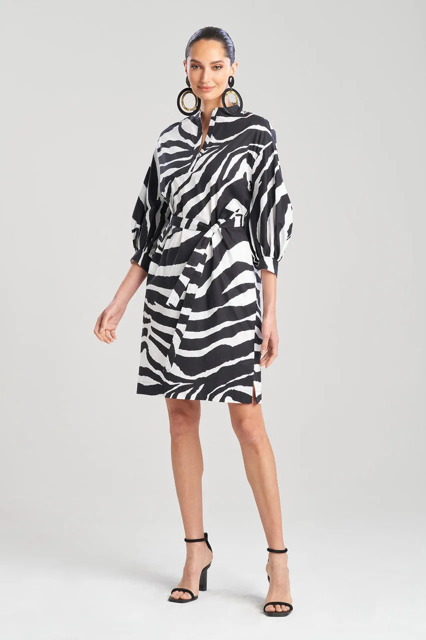 Zebra Cotton Poplin Balloon Sleeve Belted Shirtdress