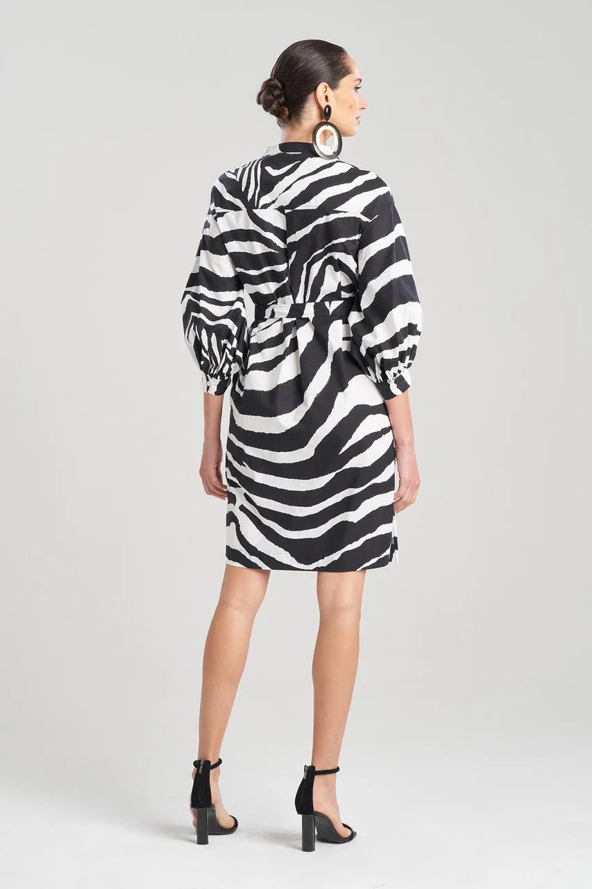 Zebra Cotton Poplin Balloon Sleeve Belted Shirtdress